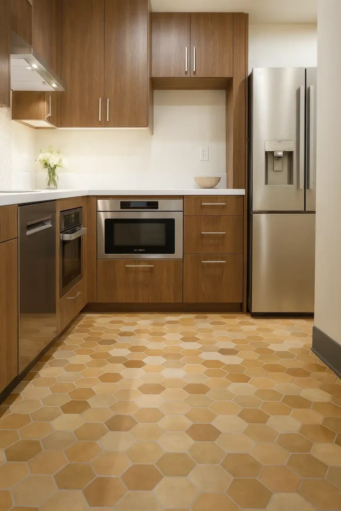 Modern residential kitchen with wood cabinets, stainless steel appliances, and hexagon tile flooring